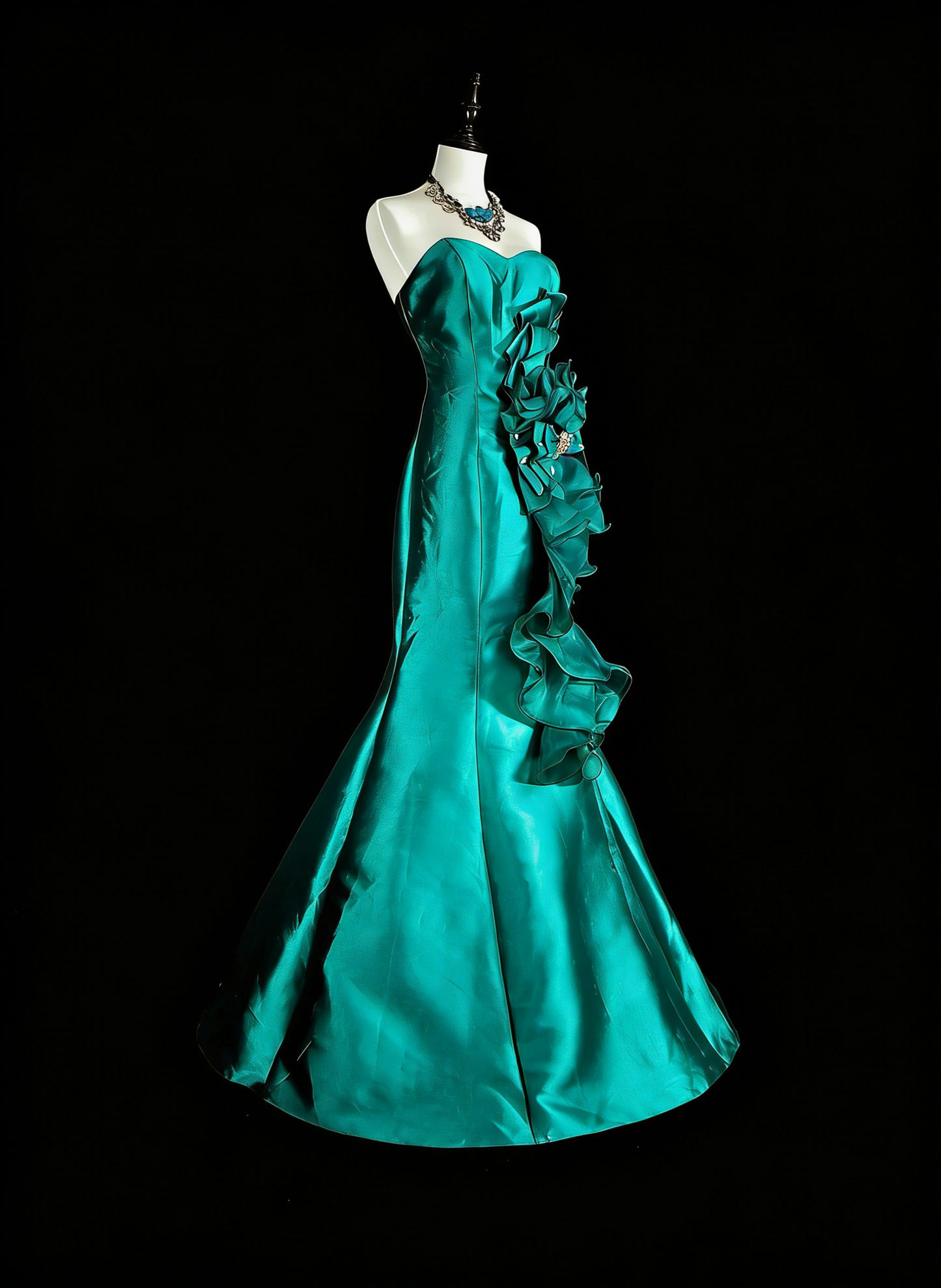 Vintage Mermaid Sweetheart Green 70s Satin Long Prom Gown Party Wear Dresses4 N1834