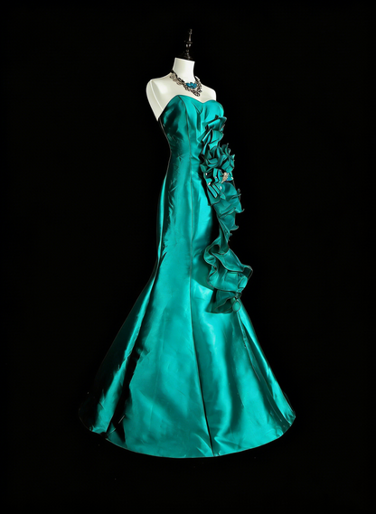 Vintage Mermaid Sweetheart Green 70s Satin Long Prom Gown Party Wear Dresses4 N1834