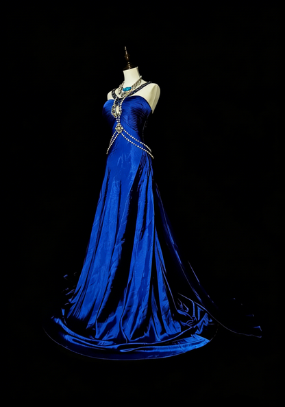 Vintage A line Halter Royal Blue Satin Sleeveless 80s Sleeveless Prom Dresses Long Formal Party Gown N1433