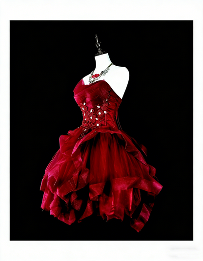 Cute Ball Gown Strapless Burgundy Tulle With Appliques Short Mini Homecoming Dresses N2387