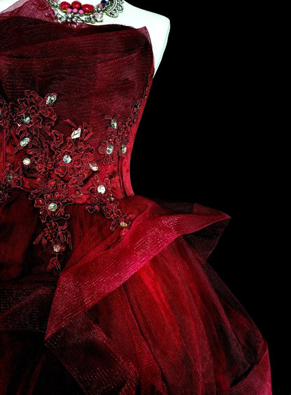 Cute Ball Gown Strapless Burgundy Tulle With Appliques Short Mini Homecoming Dresses N2387