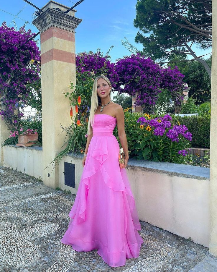 Gorgeous Fashion Pink A Line Strapless Organza Prom Dress Formal Gowns AB397