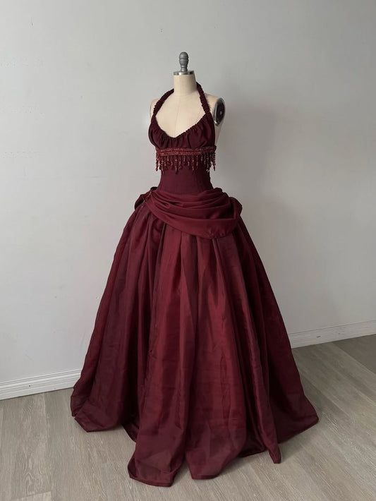 Vintage Burgundy Ball Gown Halter Beaded Satin Long Prom Dress Evening Outfits Formal Dress N538