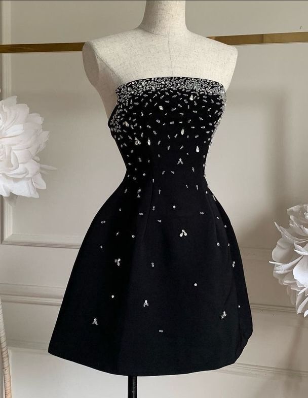Sexy Ball Gown Strapless Black With Silver Beads Mini Homecoming Dresses Freshman High Shool Grad Hoco Outfit RB4553