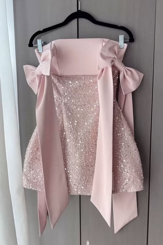 Chic A line Strapless Pink With Bow Sequin Party-ready 12th Grad Short Mini Fall Homecoming Dresses RB4419