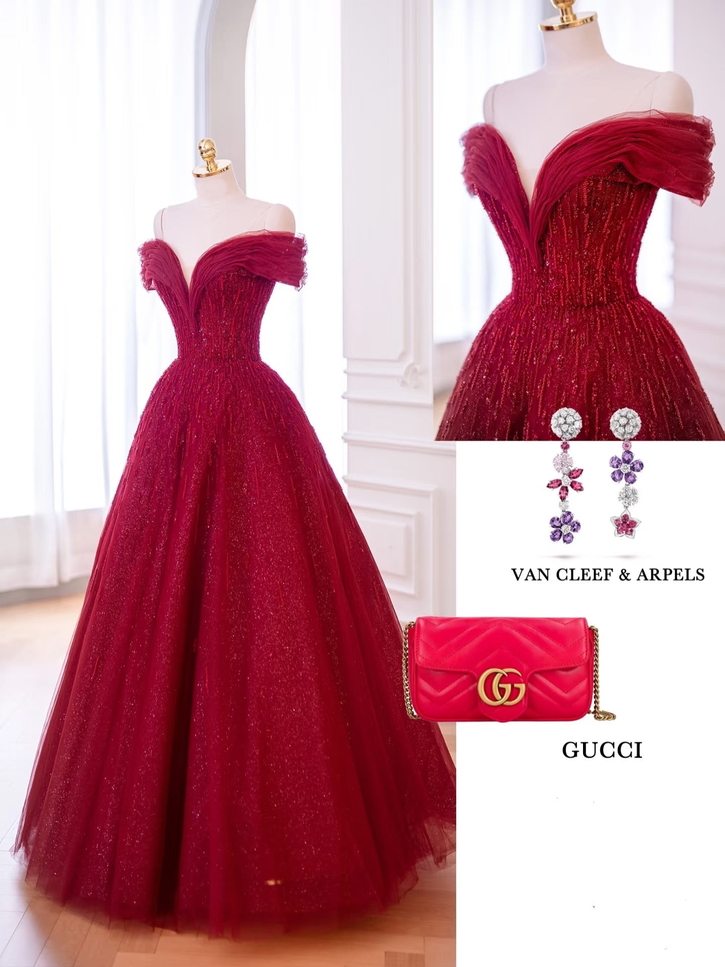 Shinning Ball Gown Off The Shoulder Red Tulle With Beads For Women Party Dresses Long Formal Prom Dresses 22th Birthday Gown AB1328