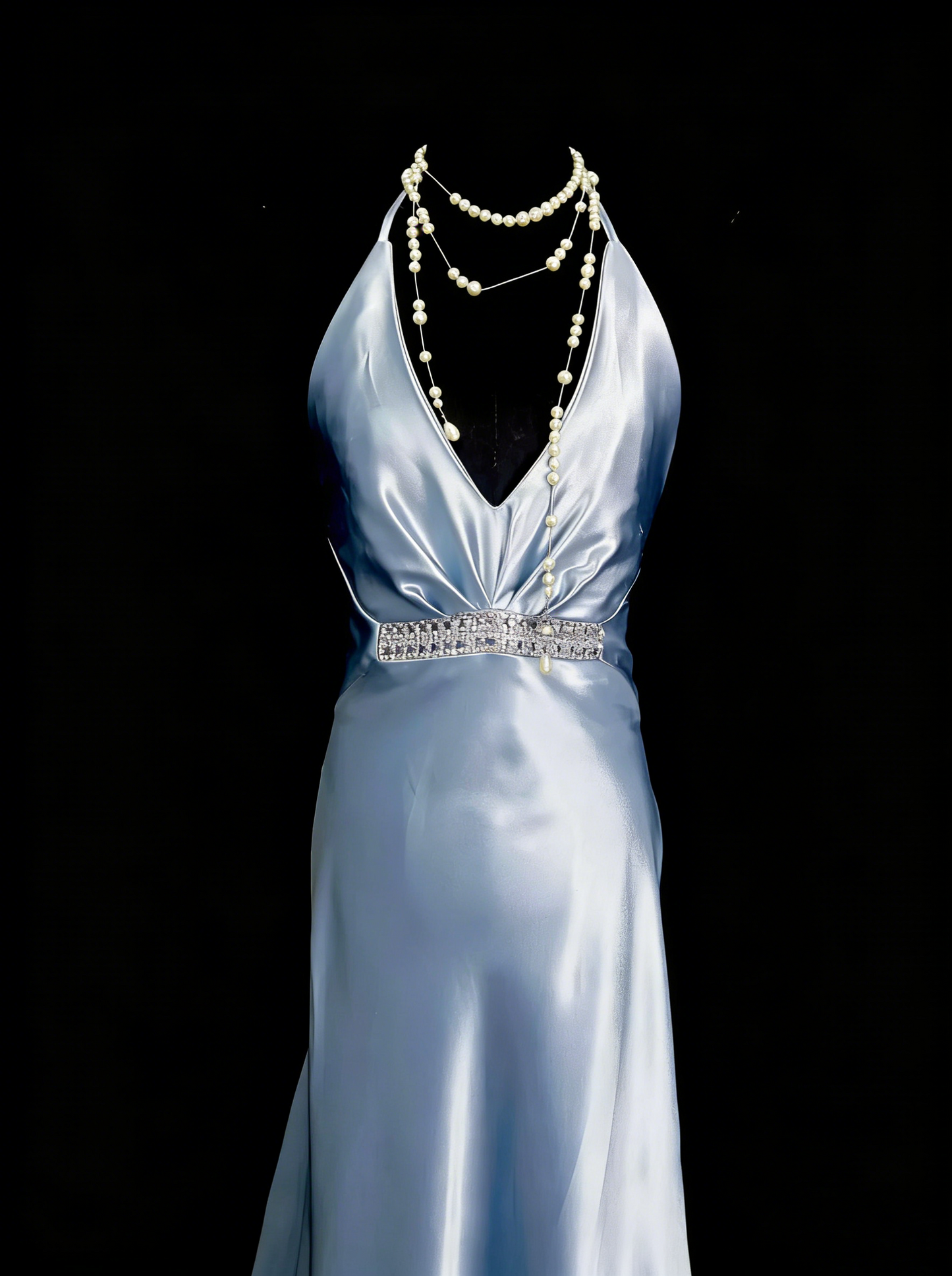 Vintage A line Halter Light Sky Blue Satin Sleeveless 80s Satin Prom Dresses Long Formal Party Gown N1446