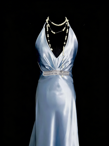 Vintage A line Halter Light Sky Blue Satin Sleeveless 80s Satin Prom Dresses Long Formal Party Gown N1446