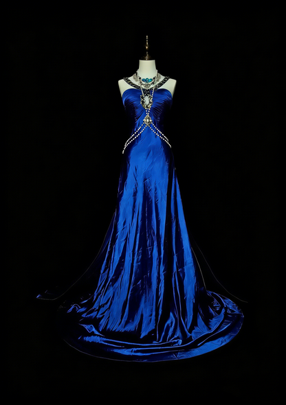 Vintage A line Halter Royal Blue Satin Sleeveless 80s Sleeveless Prom Dresses Long Formal Party Gown N1433