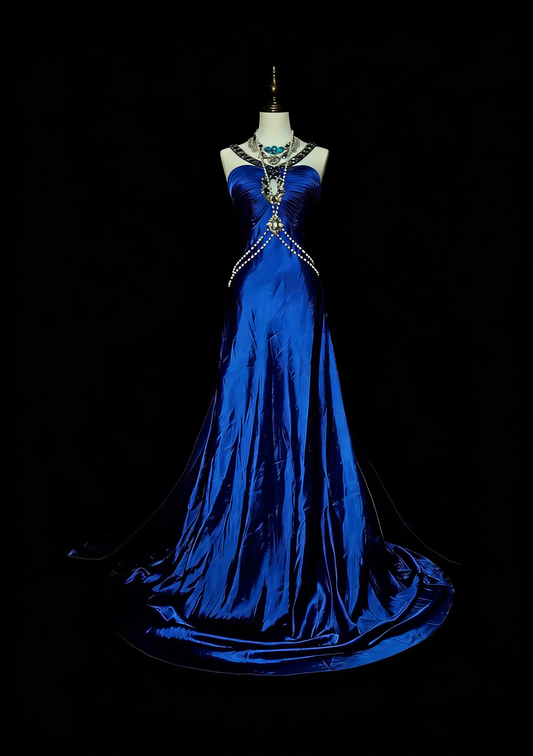 Vintage A line Halter Royal Blue Satin Sleeveless 80s Sleeveless Prom Dresses Long Formal Party Gown N1433
