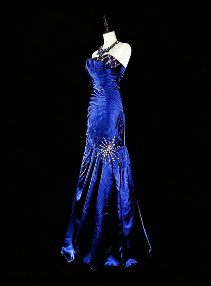 Vintage Prom Dresses Aesthetic Mermaid Strapless Royal Blue Beaded Classic Inspo Party Dress N2005