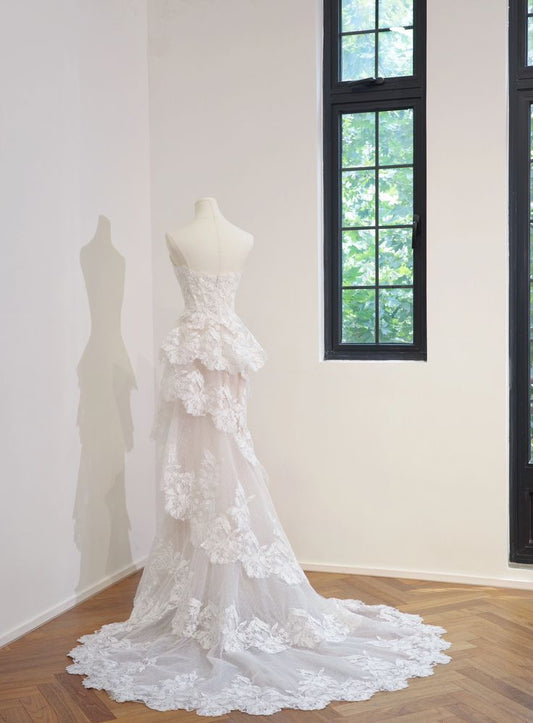 Modest Women's Mermaid Sweetheart Layered Pleated Lace Long Sweep Train Wedding Dresses AB1499