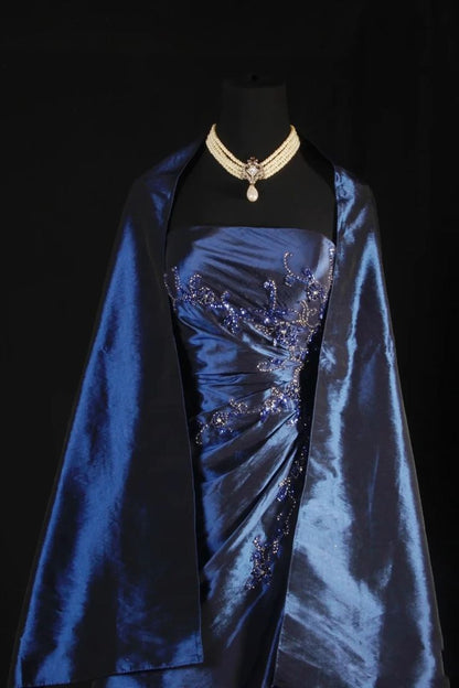 Stunning Navy Blue Strapless Beaded Long Prom Dresses Evening Formal Dress AB318