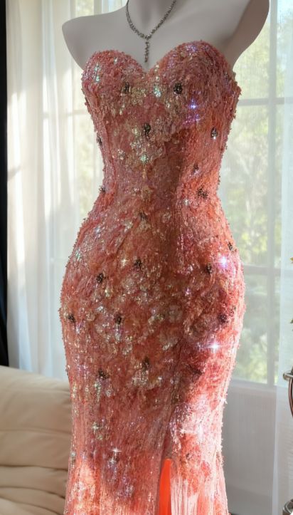 Mermaid Coral Formal Dresses Tulle Sequin Sweetheart Neck Long Prom Dresses Coral Evening Dresses AB328