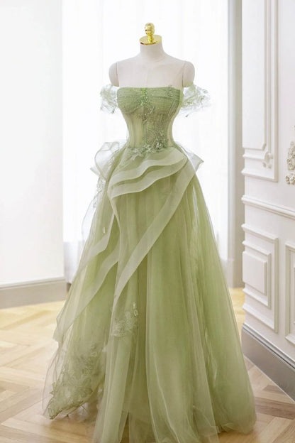 Elegant Sage Green Tulle Lace Prom Dress Off The Shoulder Long Evening Party Dress Prom Gowns AB327