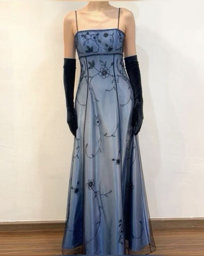 Blue/Grey Delicate Beaded Long Tulle Elegant A line Evening Dress Formal Birthday Party Dress Prom Dresses N1697