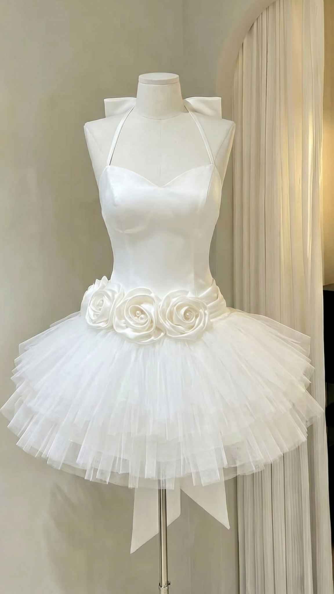Cute Ball Gown Halter White Tulle Short With Flowers Homecoming Dress Inspo Ideas Mini Party Dresses RB6878