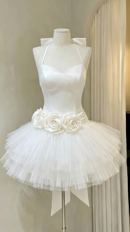 Cute Ball Gown Halter White Tulle Short With Flowers Homecoming Dress Inspo Ideas Mini Party Dresses RB6878