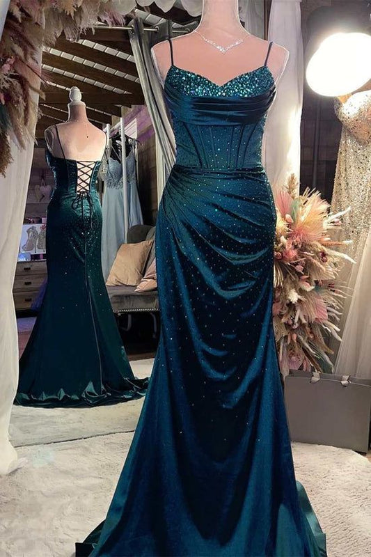 Sexy Mermaid Spaghetti Straps Backless Satin Evening For Women Party Dresses Long Formal Prom Dresses 22th Birthday Gowns AB1325