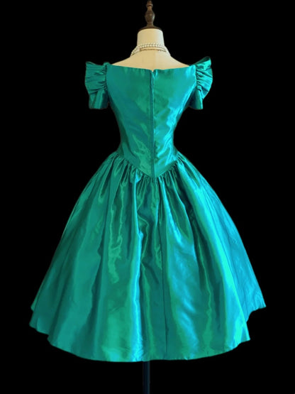 Vintage Ball Gown Green Knee Length Satin Prom Dresses Inspo Evening Outfits RB4023