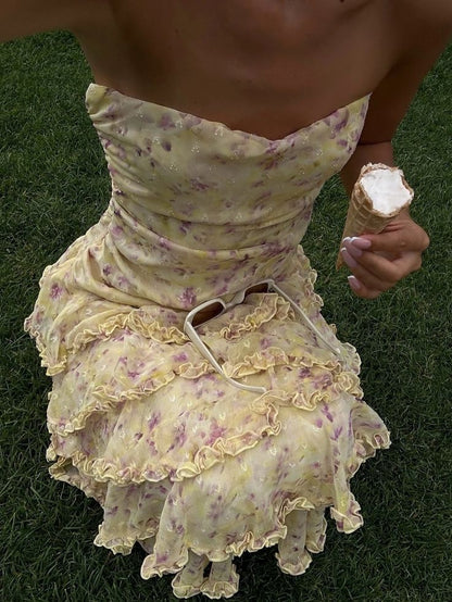 Classy Sheath Strapless Yellow Chiffon Floral Long Prom Dresses Party Dress 18th Birthday Outfits Graduation Dress N902