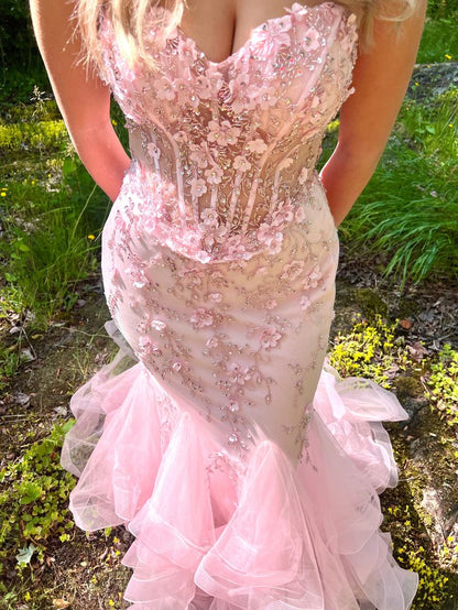 Mermaid Sweetheart Sleeveless Tulle Pink Long Formal Dresses Prom Dress AB942