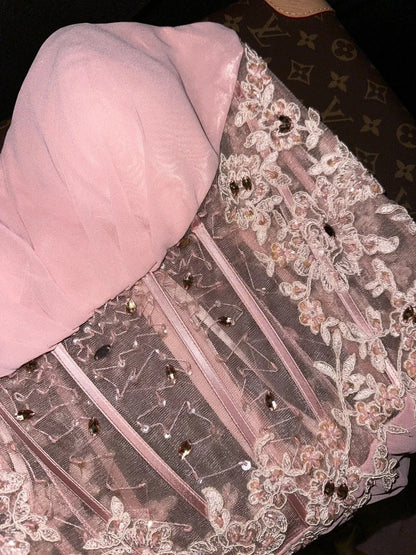 Dreamy Mermaid Sweetheart Pink Chiffon Tulle With Appliqued Slit School Dances Prom Dresses 8th Grade Formal Outfits Evening Dress RB8394