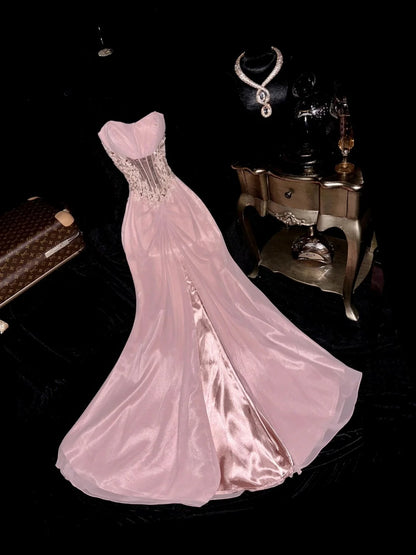 Dreamy Mermaid Sweetheart Pink Chiffon Tulle With Appliqued Slit School Dances Prom Dresses 8th Grade Formal Outfits Evening Dress RB8394