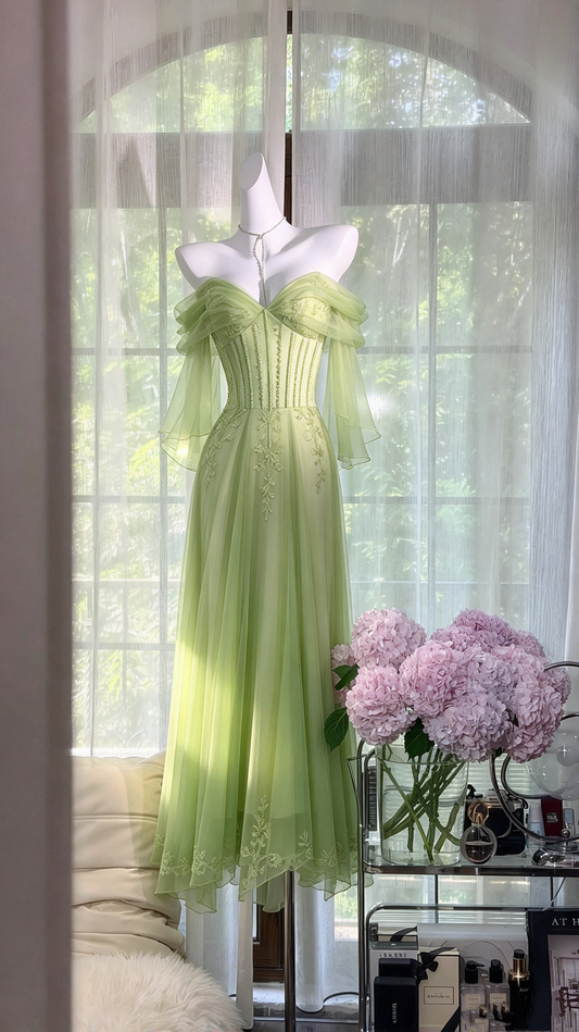 Prom Dresses Inspiration A Line Off Shoulder Sage Green With Beading Long Formal Party Gown 8th Grade Dress RC1269