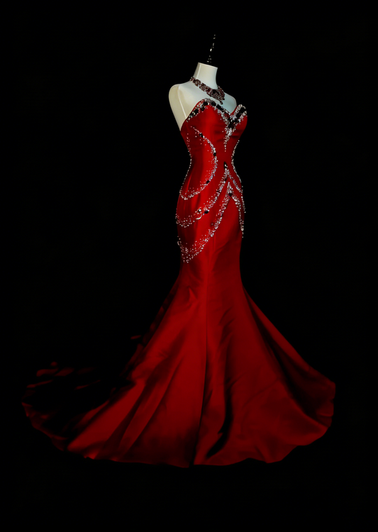 Retro Mermaid Sweetheart Red Satin With Beaded Sleeveless 70s Prom Dresses Long Formal Party Gowns N1492