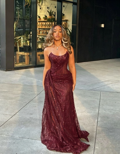 Sparkly Strapless Navy Blue Long Party Dress Prom Dresses Sequin Mermaid Bodycon For Women N4092