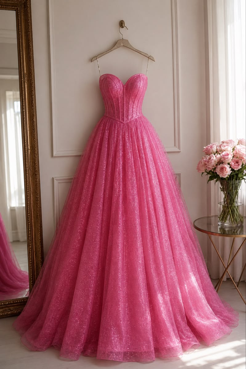 Elegant Formal Prom Dress Ball Gown Sweetheart Pink Tulle Floor Length Evening Gown for Special Occasions RB9491