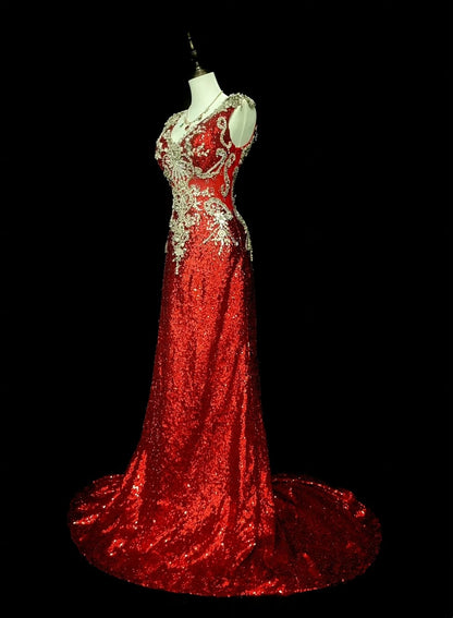 Vintage A line V Neck Red Sequin With Gold Appliques Bodice College Formal Outfit Long Prom Graduation Dresses For Teens N1304