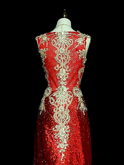 Vintage A line V Neck Red Sequin With Gold Appliques Bodice College Formal Outfit Long Prom Graduation Dresses For Teens N1304