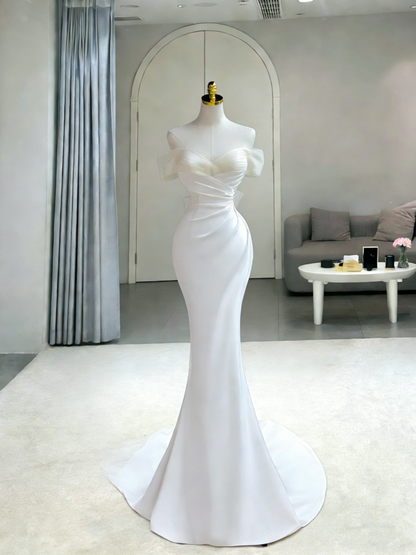 Princess Long Wedding Gowns Mermaid Off The Shoulder White Satin For Bride With Sleeves Train Bridal Dresses AB2186