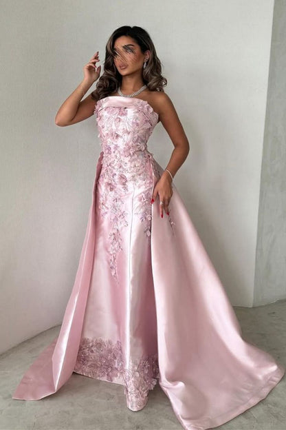 Women Elegant Pink A-Line Strapless Satin Party Dress with Appliques and Detachable Train Evening Gowns AB498