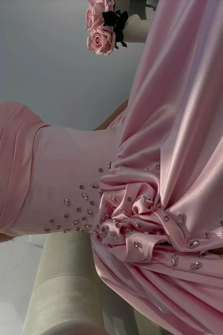 Gorgeous Baby Pink Sweetheart Satin Prom Dresses Sleeveless High Slit Gem With Pleats Vestidos De Dia AB503