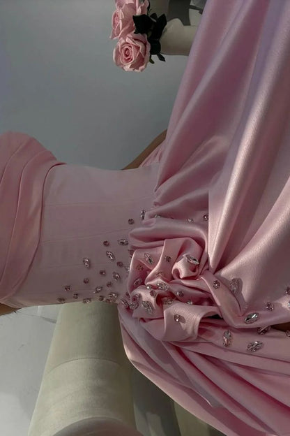 Gorgeous Baby Pink Sweetheart Satin Prom Dresses Sleeveless High Slit Gem With Pleats Vestidos De Dia AB503
