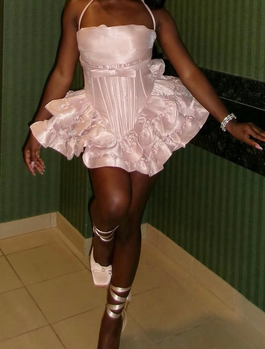Stylish Ball Gown Halter Pastle Pink Satin Semi-formal 12th Grad Inspo Short Mini Homecoming Dresses RB4543