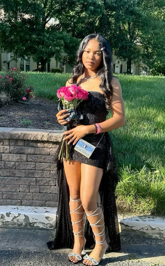 Sexy Sheath Strapless Little Black Sequin Mini Homecoming Dresses Freshman High Shool Grad Hoco Outfits RB4560