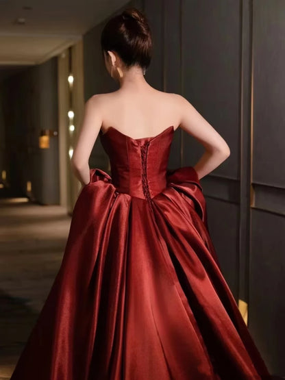 Classy Ball Gown Strapless Burgundy Satin Prom Dresses Party Dress Dance Senior High School Graduation Dress AU425