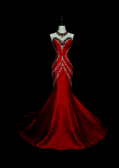 Retro Mermaid Sweetheart Red Satin With Beaded Sleeveless 70s Prom Dresses Long Formal Party Gowns N1492