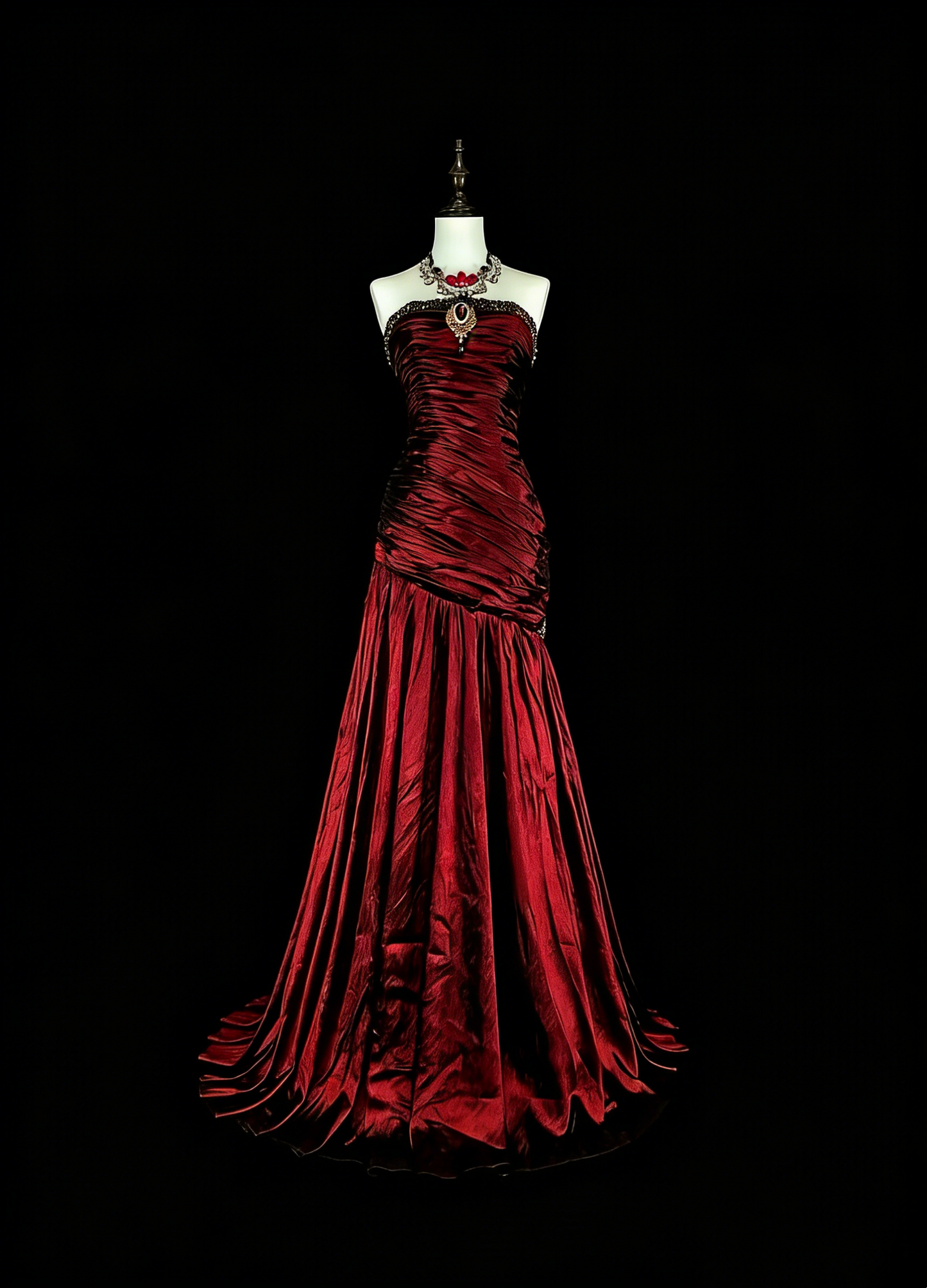 Vintage Prom Dresses Mermaid Strapless Dark Burgundy Satin With Beading 1980s Long Formal Gown N2708