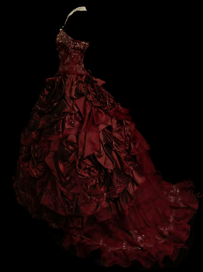 Vintage Ball Gown Spaghetti Straps Burgundy Satin With Layers Tiered Sweet 16 Dresses Quinceanera Dress Long 15 Vestidos De Fiesta N1447