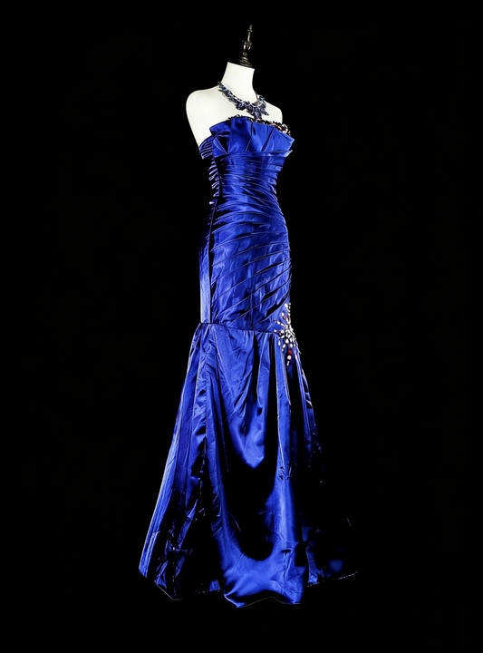 Vintage Prom Dresses Aesthetic Mermaid Strapless Royal Blue Beaded Classic Inspo Party Dress N2005