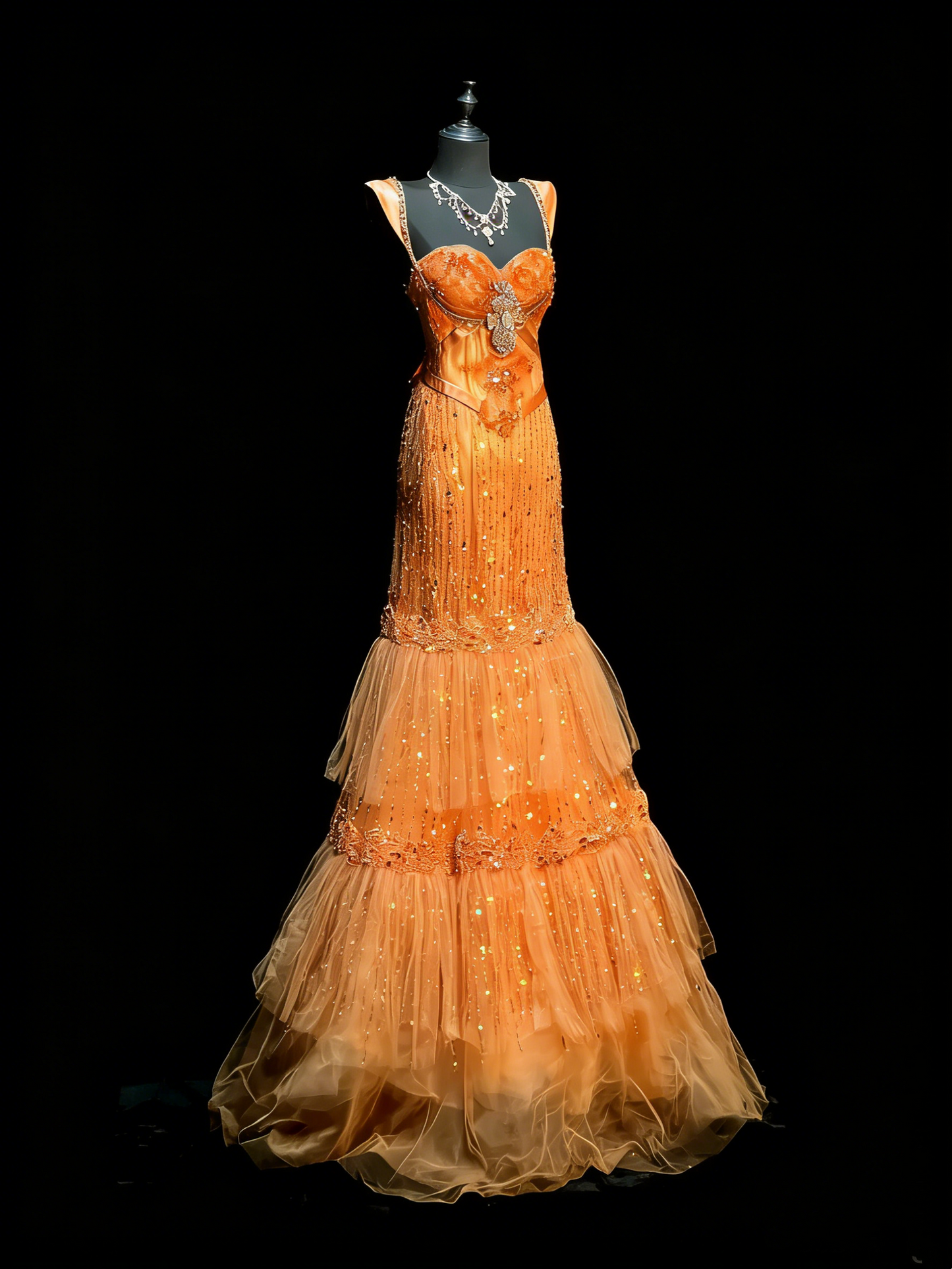 Modest Mermaid Sweetheart Orange Tulle With Layered College Formal Outfit Long Prom Graduation Dresses For Teens N1189