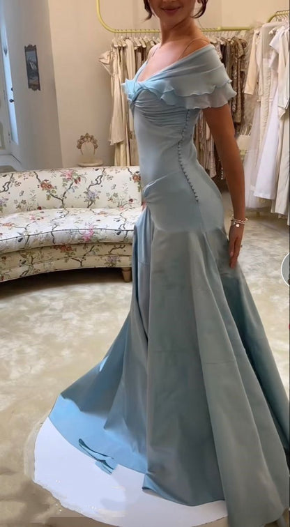 Elegant Mermaid Off The Shoulder Blue Chiffon Long Prom Dresses Evening Gowns Vestidos De Dia AB579