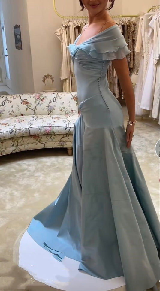 Elegant Mermaid Off The Shoulder Blue Chiffon Long Prom Dresses Evening Gowns Vestidos De Dia AB579