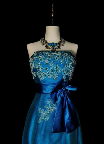 Vintage Mermaid Strapless Blue 2000s With Gold Beads Prom Dresses Long Formal Party Gown N1358