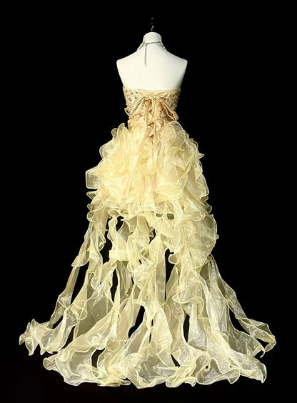 Chic Ball Gown Sweetheart Yellow Organza College Formal Outfit Prom Graduation Dresses For Teens N1370